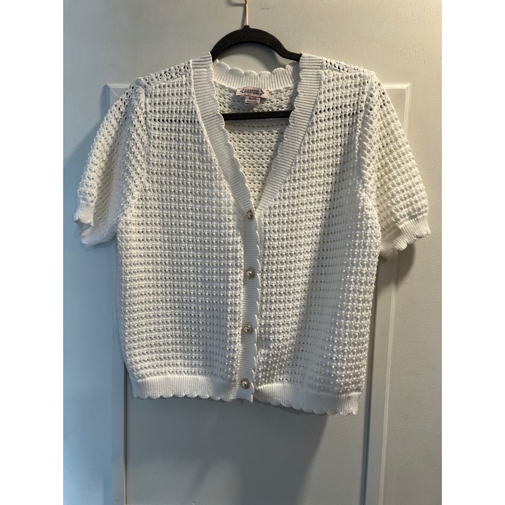 Nanette Lepore Womens White Open Knit Short Sleeve Scalloped Cardigan XL 44x22